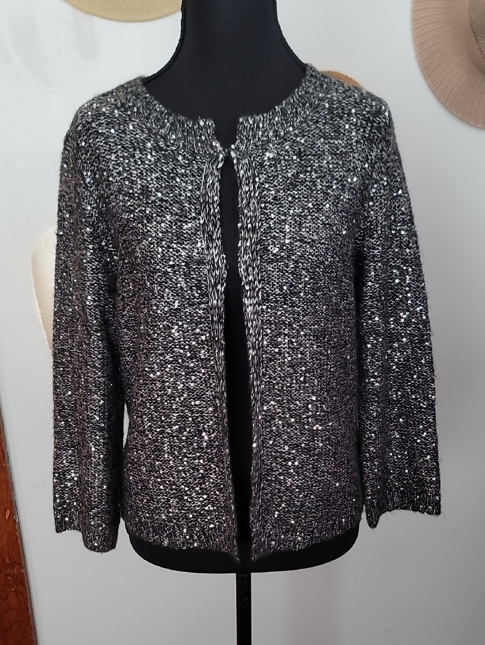 Covington Black & Silver Sequin Knit Open Sweater Cardigan